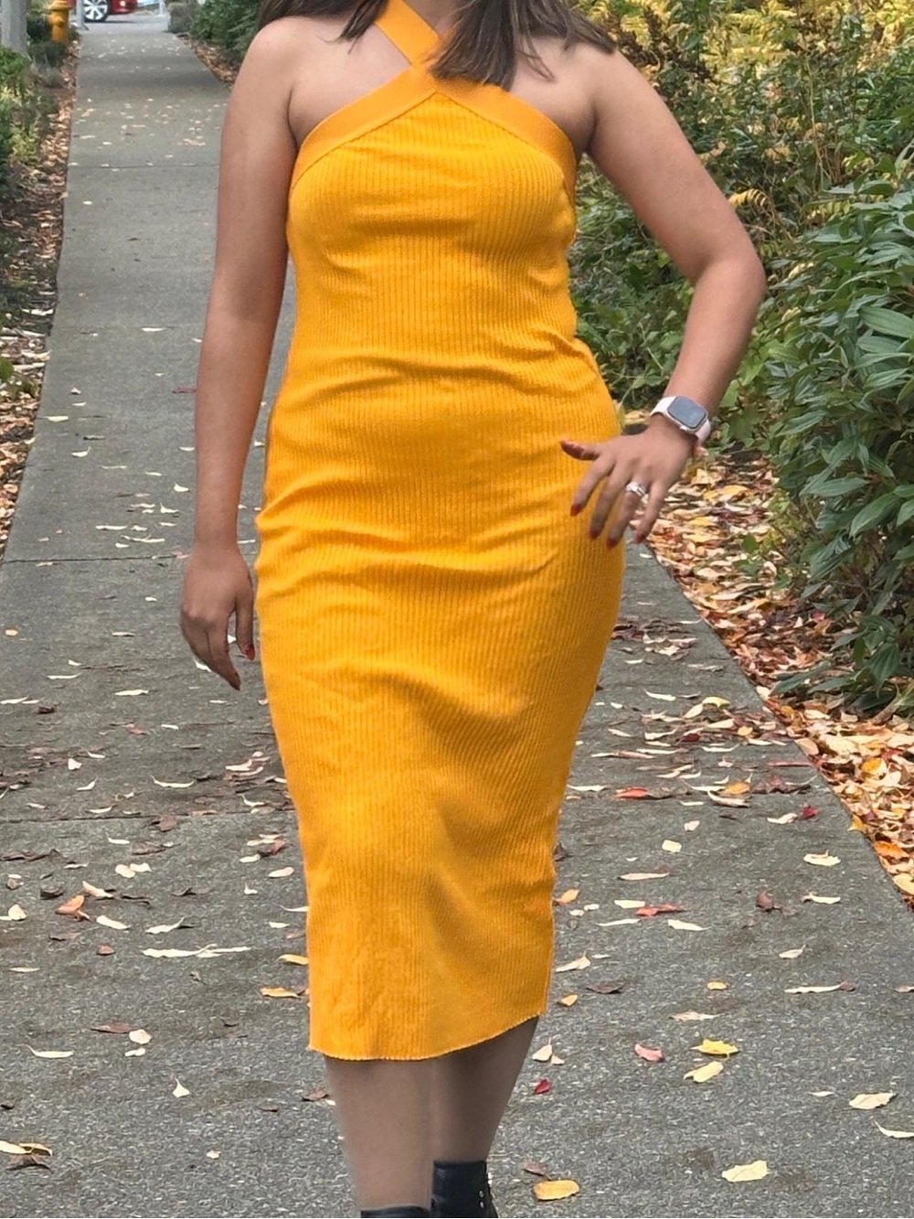 Mango Ribbed Cross-Neck Midi Dress in orange color